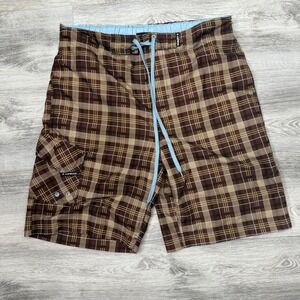 Airwalk Plaid Swim Trunks Shorts Mens‎ Brown Tan Drawstring Cargo Pocket